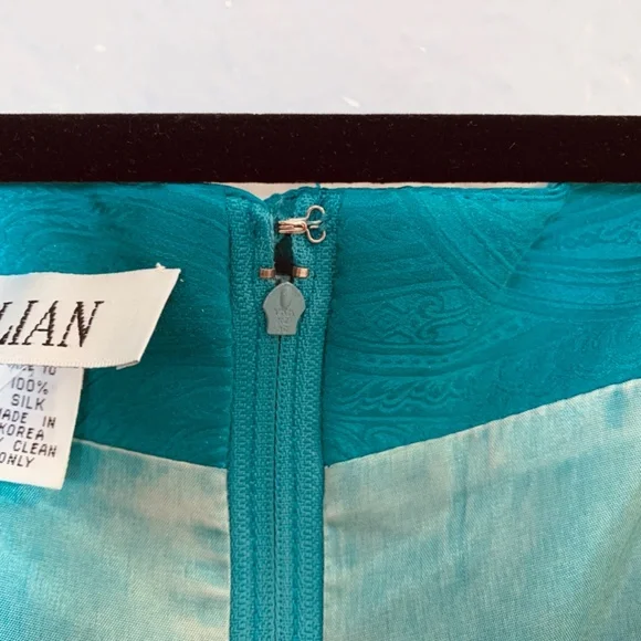 Vintage Gillian Silk Dress Size 10 Teal Green Blue Sweetheart Neckline Paisley - Picture 4 of 14